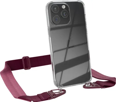 Produktbild von EAZY CASE - Hülle mit Band für Apple iPhone 15 Pro Max, Handyhülle mit Umhängeband, Silikonhülle transparent, Handykette in Rot