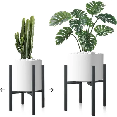 Image de Support de plantes réglable, lot de 2, en métal noir, pour intérieur et extérieur, support robuste avec plateau, hauteur 13/23 cm