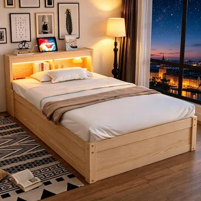 Produktbild von Bettgestell 90x200 cm Holzfarbe mit Stauraum, LED-Lichtleiste und Steckdose für Schlafzimmer