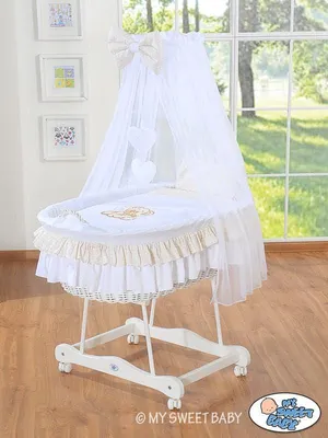 Produktbild von Weidenwiege mit Schleife – Handgefertigte Babywiege – Größte Liegefläche für den Langzeitgebrauch