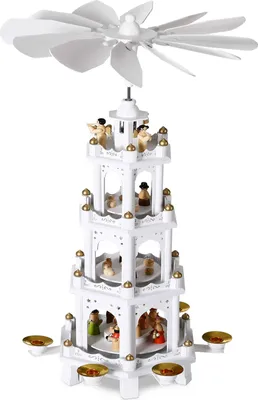 Produktbild von Weihnachtspyramide aus Holz 4-stöckig für 6 Kerzen - Weihnachtsdekoration Weihnachten Holzpyramide Echtholz Deko, Farbe:weiß