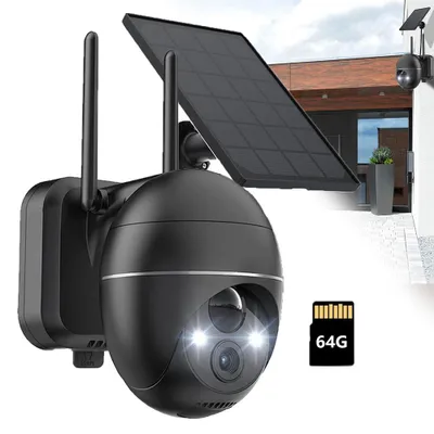 Image de caméra de surveillance solaire 2K Extérieur Batterie Caméra de surveillance sans fil avec vision nocturne couleur PIR Détecteur de mouvement Sirène/alarme lumière blanche avec carte 64G TF