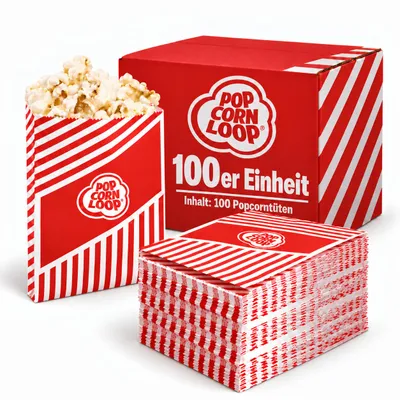 Produktbild von Popcornloop 100 er Popcorntüten Popcorn Box Tüten Candy Bar Tüte Hochzeit Papier Süßigkeiten Boxen für Party Papier Behälter Rot Weiß Beige Gestreift