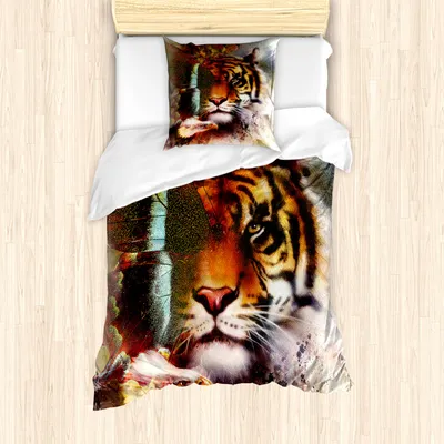 Produktbild von ABAKUHAUS Tiger Mantele, Natur, Wilde, Milbensicher Allergiker geeignet mit Kissenbezügen, 135 cm x 200 cm - 80 x 80 cm, Mehrfarbig