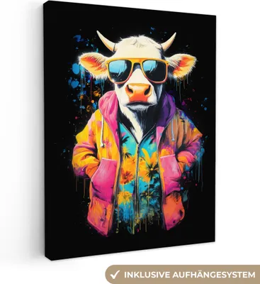 Produktbild von MuchoWow® - Leinwandbilder - Graffiti - Sommer - Schottischer Hochländer - Tier, Wandbild, Wanddeko Bilder Wohnzimmer, 60x80 cm