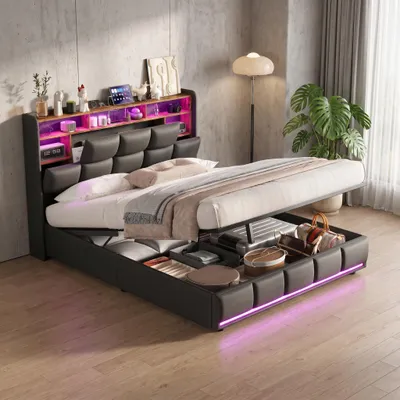 Obrázek produktu pro Postel INONEFT, rozměry 140 x 190 cm, čalouněná, s LED osvětlením. Hydraulická postel s úložným prostorem, dvojlůžko s úložným prostorem v čele postele a rošt. Materiál: PU