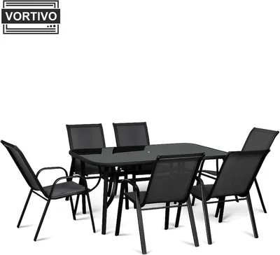 Produktbild von VORTIVO 7-teiliges Gartenmöbel-Set für 6 Personen – stapelbare Stühle, Tisch mit Glasplatte – wetterfest – für Garten, Balkon & Terrasse – Schwarz
