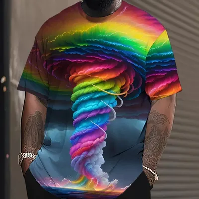 Produktbild von Herren T-Shirt Übergröße, Batik Kurzarmshirt mit Regenbogen Pilz Motiv, buntes Freizeit Shirt für Alltag 6XL