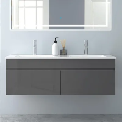 Produktbild von Waschtisch mit Unterschrank 120cm BERGEN Badmöbel Set Hochglanz Dunklegrau Keramik Waschbecken mit Unterschrank MDF Softclose