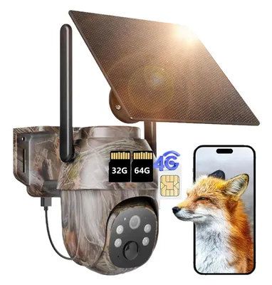 Produktbild von 4G LTE Solar Wildkamera mit Bewegungsmelder Akku Wildtierkamera mit SIM Karte und 32G & 64G Karte 2K Überwachungskamera Aussen mit Farbnachtsicht PIR
