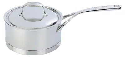 A stainless steel saucepan with a lid and handle, shown from a side angle against a white background.