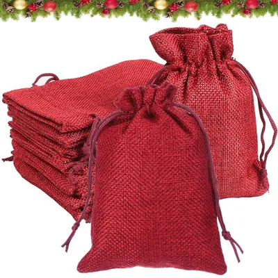 Zdjęcie produktu dla 24 woreczki jutowe z sznurkiem, w dwóch rozmiarach (13x17 cm i 10x14 cm), kolor burgundzki