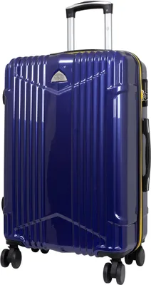 A blue hardshell trolley suitcase with yellow accents.