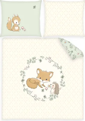 Produktbild von Babybettwäsche 80x80 & 35x40 – Wende-Bettwäsche Set für Wiege & Kinderwagen – Waldfreunde - 100% Baumwolle Renforcé