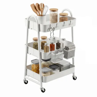 Produktbild von Sekey Rollwagen Küche 30 cm Breit Servierwagen Metall mit Rollen 2 Metallkörbe 4 Haken Werkzeuglose Montage Klick-Design
