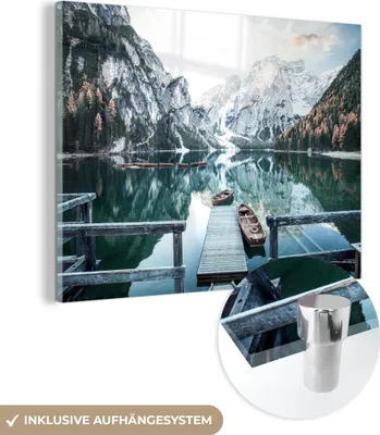 Produktbild von MuchoWow Glasbilder - Bilder auf Wandbild - Foto auf Glas Natur - Berge - Schnee - Wald - Boot 40x30 cm Wanddekoration aus Glas - Acrylglasbild - Acrylbilder - Bild - Malen