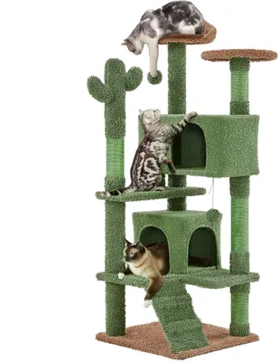 Produktbild von Yaheetech Kaktus Kratzbaum L 138 cm hoch, Katzenbaum mit Aussichtsplattform Katzenhöhle Sisalstämmen, Grün/Braun
