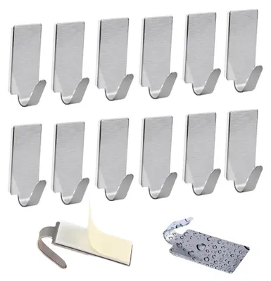 Produktbild von 12 kleine, selbstklebende Edelstahlhaken (201), bohrfreie Handtuchhaken für Bad und Küche, stabile, selbstklebende Haken für die Wand