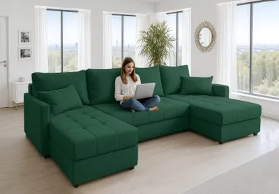 Image de AX LIVING Canapé d'angle grand Dolceo 287 Canapé vert foncé avec fonction sommeil