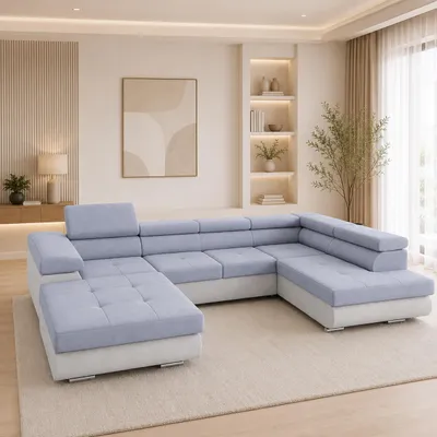 Produktbild von GOLDSTOFF RELAX U Sofa mit Schlaffunktion 345×205 cm | Eckschlafsofa mit bettkasten verstellbare Kopfstützen | Sofabett (Grau + Weiß)