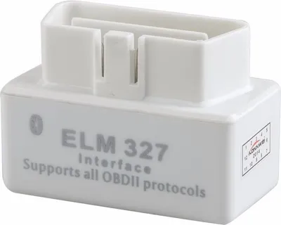 A white OBD II diagnostic tool with text labels.
