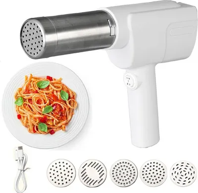 Produktbild von 5 in 1 Nudelpresse Handgehaltene elektrische Nudelmaschinemit 5 Noodle Mould Wiederaufladbar Kartoffelpresse Spätzlepresse für Spaghetti  Lasagne Küche Pasta