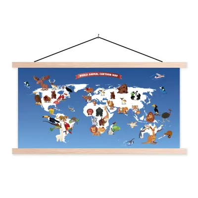 Obrázek produktu pro MuchoWow® Textilní plakát - Mapa světa Děti - Zvířata - Země - 60x40cm - S hnědými lamelami