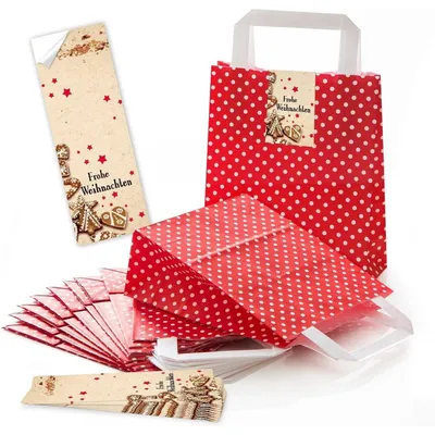Produktbild von 5 rot weiß gepunktete Papiertüten HEILIGER NIKOLAUS Geschenk-tüten Weihnachtstüten Boden 18 x 8 x 22 cm kleine Papiertaschen + Aufkleber rot weiß Verpackung Weihnachten rot weiß beigePlätzchen natur, rot, beige / 50 Stück