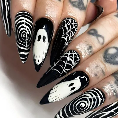 Produktbild von Künstliche Nägel Halloween French Press on Nails Mandel Lang Schwarz 24 Stück mit Spinnennetz Geister Design