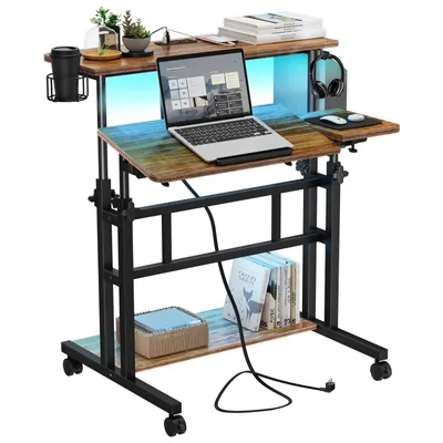 Produktbild von Iropro 80x60cm Stehpult Höhenverstellbar mit Steckdosen und LED-Beleuchtung, Sitz-Steh Schreibtisch mit Rollen, neigbar Tischplatte, Vintage Braun