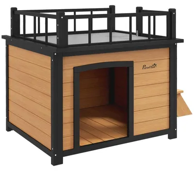 Obrázek produktu pro Pesí bouda s terasou a schodištěm | Barva: hnědo-černá | Rozměry: 77 x 121 x 78 cm