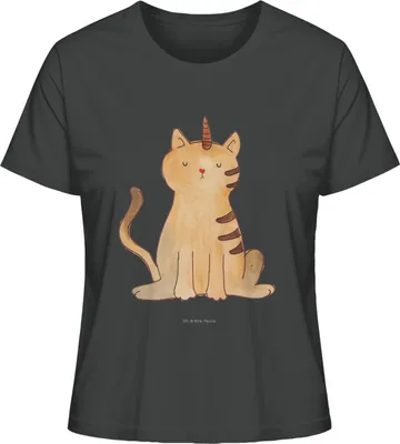 Produktbild von Mr. & Mrs. Panda Damen T-Shirt Einhorn Katze Größe M - Anthrazit - Geschenk, Unicorn, Oberteil, Basic Shirt, Kurzarmshirt, Regenbogen, Mieze, Glitzer