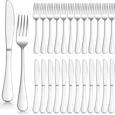 Produktbild von Steakbesteck Set 24-teilig Edelstahl für 12 Personen, 12 Messer & 12 Gabeln, Silber, Spülmaschinenfest