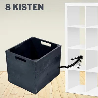 Produktbild von 8 schwarze Holzkisten für Kallax Regale 33cm x 37,5cm x 32,5cm Einsatzkiste black Fach Obstkiste Weinkisten Aufbewahrungsbox Vintage