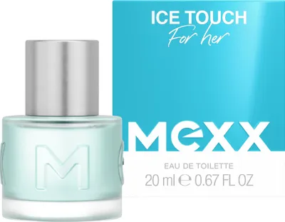 A bottle of Mexx Ice Touch Woman perfume and its packaging.