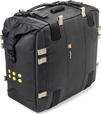 A black motorcycle saddlebag with tan straps and yellow reflectors.