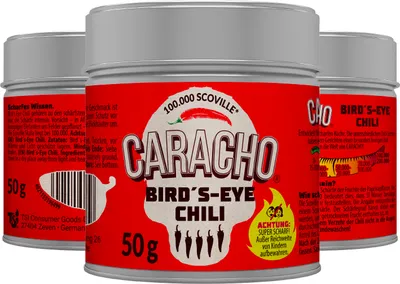 Obrázok produktu pre CARACHO balenie 10 x 50g Bird Eye chilli vločiek - 100% extrémne pálivé - chilli v kovovej plechovke na korenie/Scoville: 100 000-200 000 / hodnotné balenie