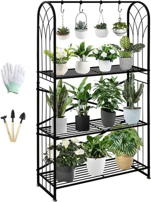 Zdjęcie produktu dla Półka na rośliny o regulowanej wysokości 130,5 cm metalowa czarna na kilka roślin - półka na kwiaty do wnętrz i na zewnątrz - drabinka na rośliny do salonu - stojak na kwiaty