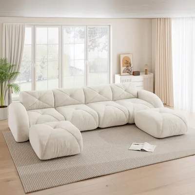Zdjęcie produktu dla Modułowa sofa w kształcie litery U z tkaniny szenilowej, zestaw 4-osobowy, z 2 pufami, 358 x 171 x 76 cm, jasnobeżowa