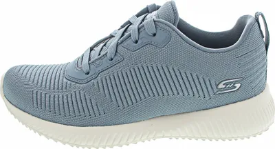 A side view of a blue Skechers Bobs Squad Tough Talk sneaker against a white background.
