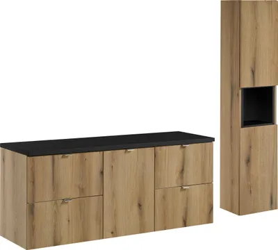 Image de Ensemble De Meubles De Salle De Bain 140 Cm En Chêne Naturel Avec Plateau Noir Et Colonne