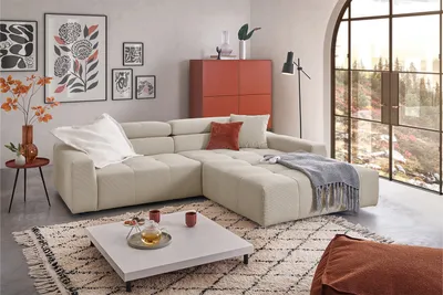Produktbild von KAWOLA Sofa RENO Ecksofa Feincord beige mit motorischem Sitzvorzug Longchair rechts