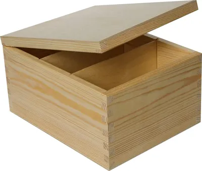An open wooden box with a lid slightly ajar, showing internal dividers.