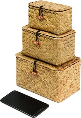 Produktbild von Set aus 3 handgewebten kleinen Körben aus Seegras mit Deckeln - natürlich - S/M/L - handgemacht - dekorativ
