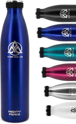 Imagen del producto de Botella de acero inoxidable Unyqoos® de 750 ml – de doble pared (18/8), termo aislante azul, libre de BPA, a prueba de fugas, apta para bebidas carbonatadas, ideal para niños