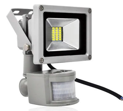 A product shot of an outdoor LED floodlight with a motion sensor.