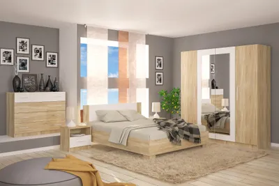 A bedroom with a bed, dresser, and wardrobe.