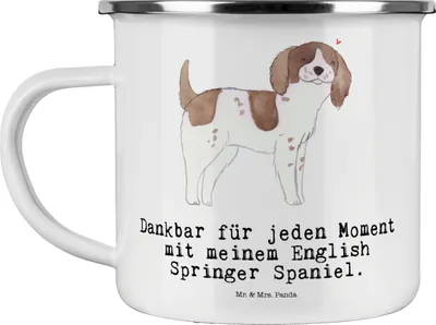 Produktbild von Mr. & Mrs. Panda Teetasse English Springer Spaniel Moment - Weiß - Geschenk, Emaille Becher, Teebecher, Tasse, Haferl, Pott