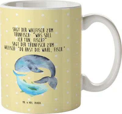 Produktbild von Mr. & Mrs. Panda Plastikbecher Walfisch Thunfisch - Gelb Pastell - Geschenk, Spruch Des Tages, Tunfisch, Kindertasse, Lustig, Trinklernbecher, Lustige Sprüche, Pott, Witz