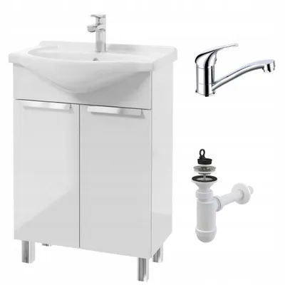 Produktbild von Stamar |  Badezimmerschrank - mit 60 cm - Waschbecken - chromfarbener Dreharmatur und Syphon